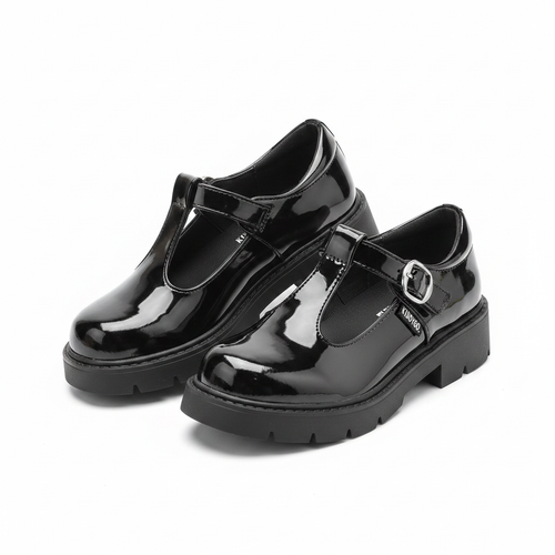 Women's black patent leather Mary Jane lug sole shoes ghost mannequin view