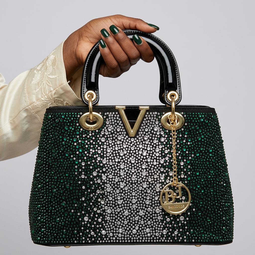 Manicured Black woman's hand holding deep green and silver embellished handbag