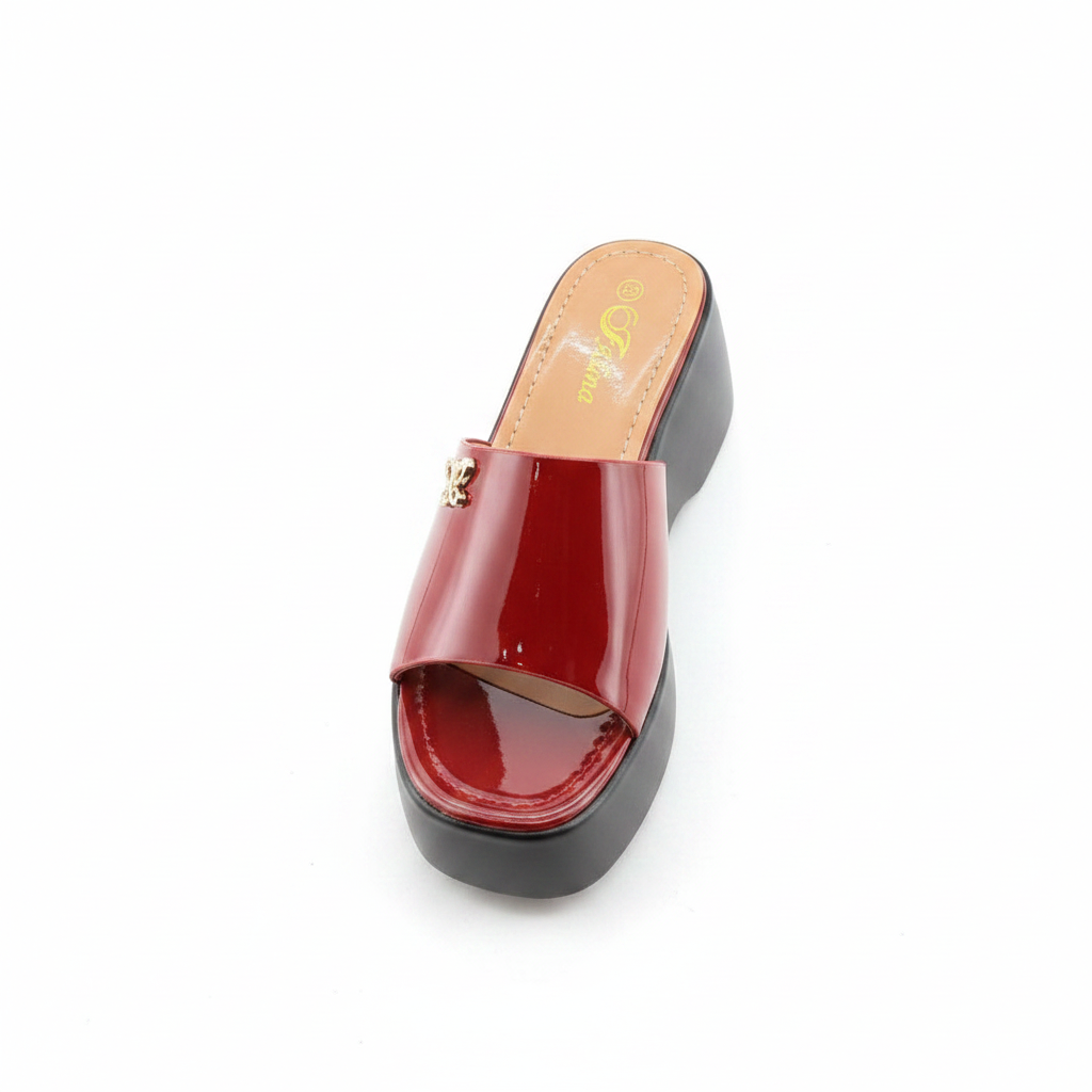 Women's red wine patent leather butterfly platform wedge slide — ghost mannequin view