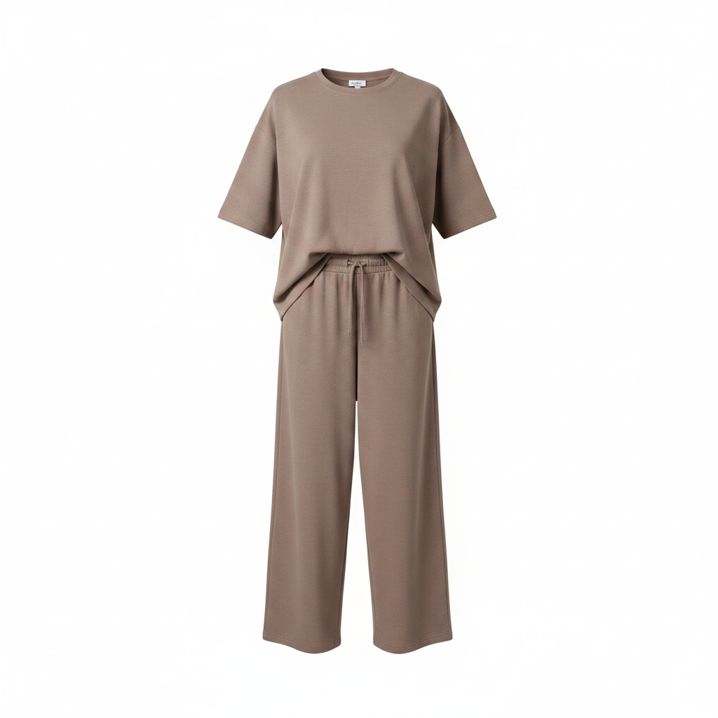 Dusty brown matching co-ord set on ghost mannequin, white background