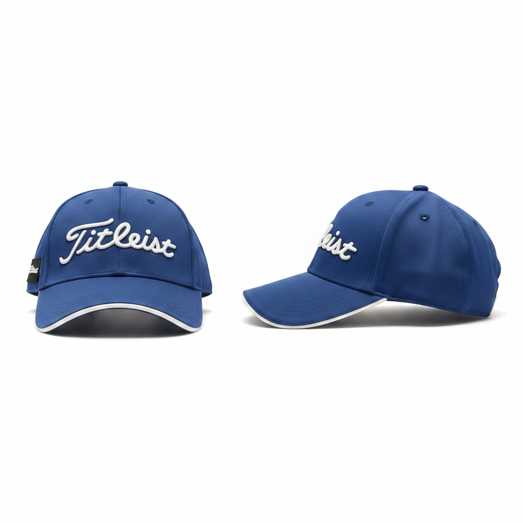 Royal blue baseball cap with white script embroidery and white brim trim ghost mannequin front and side view