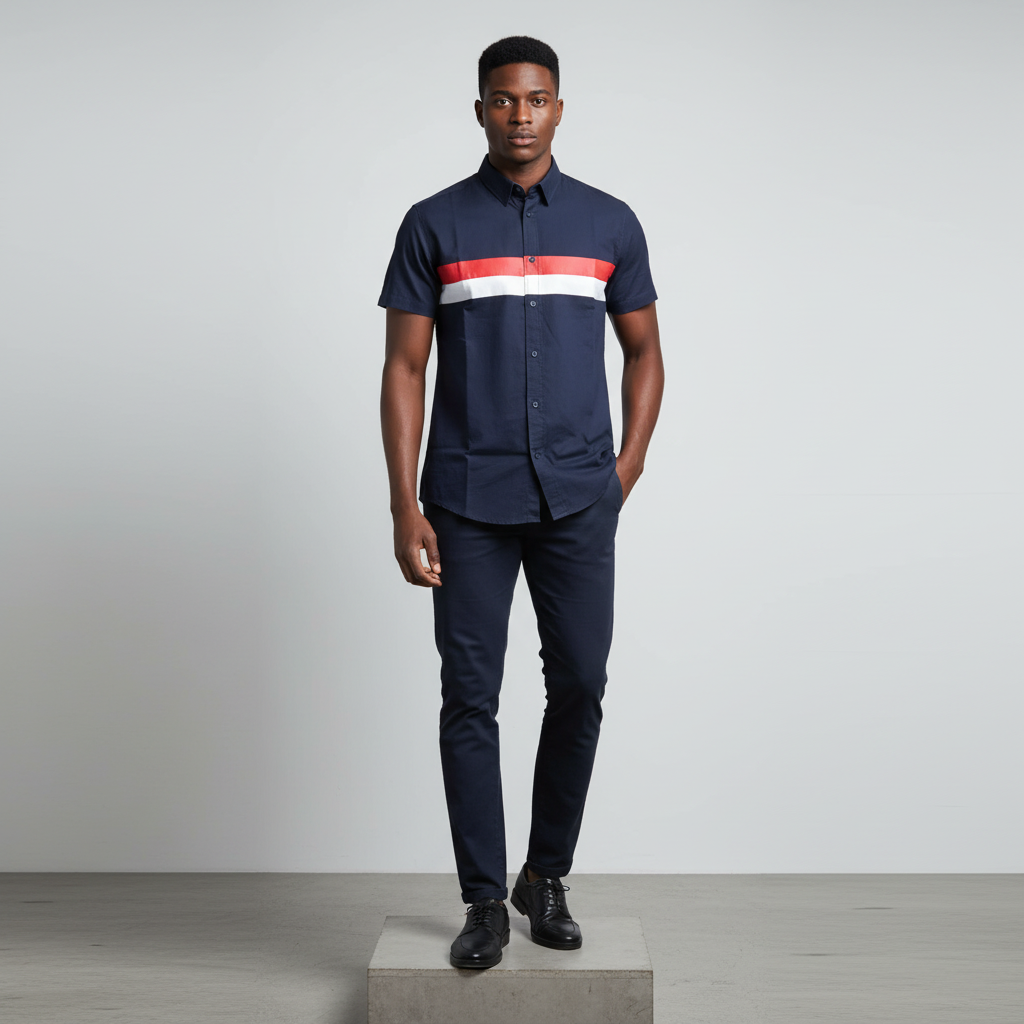 Nigerian male model wearing navy blue stripe short-sleeved shirt, front view