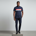 Nigerian male model wearing navy blue stripe short-sleeved shirt, front view