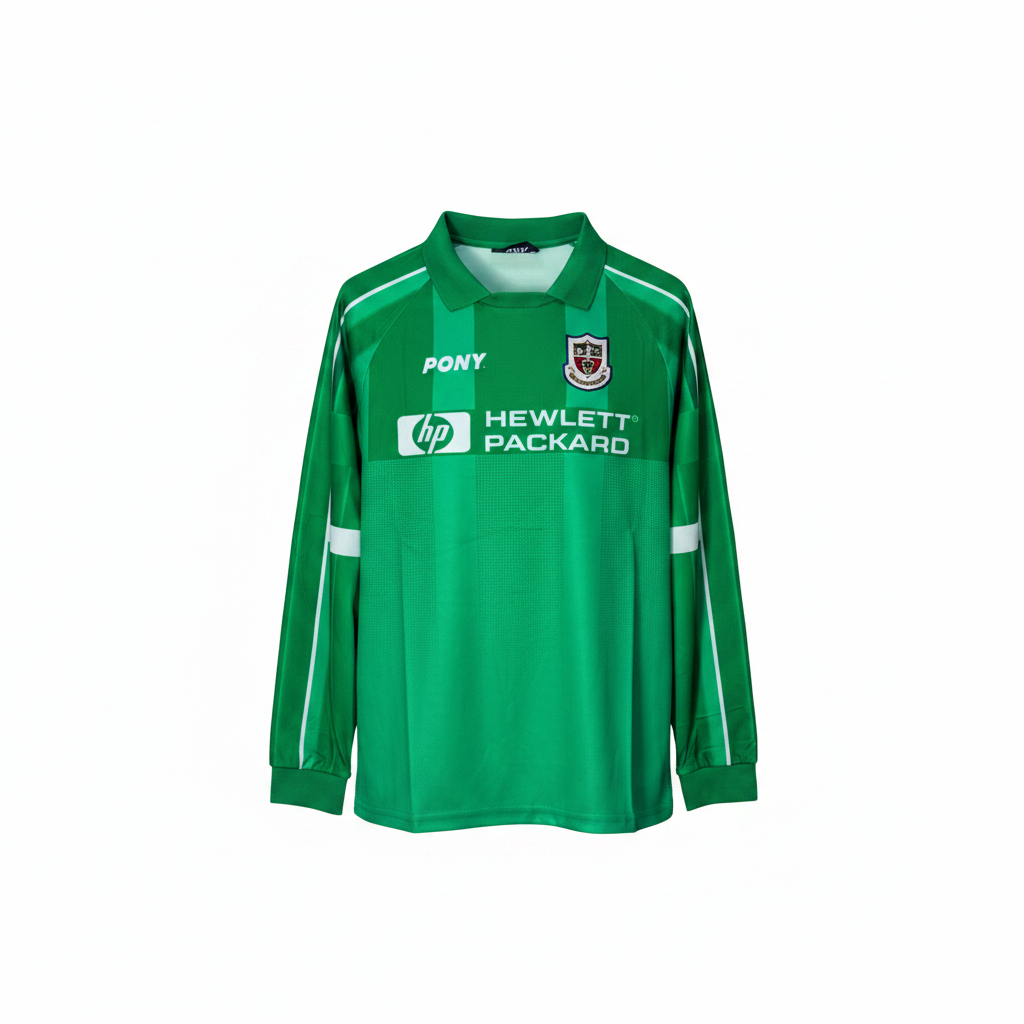 Green long-sleeve retro football jersey with white piping and polo collar — ghost mannequin front view