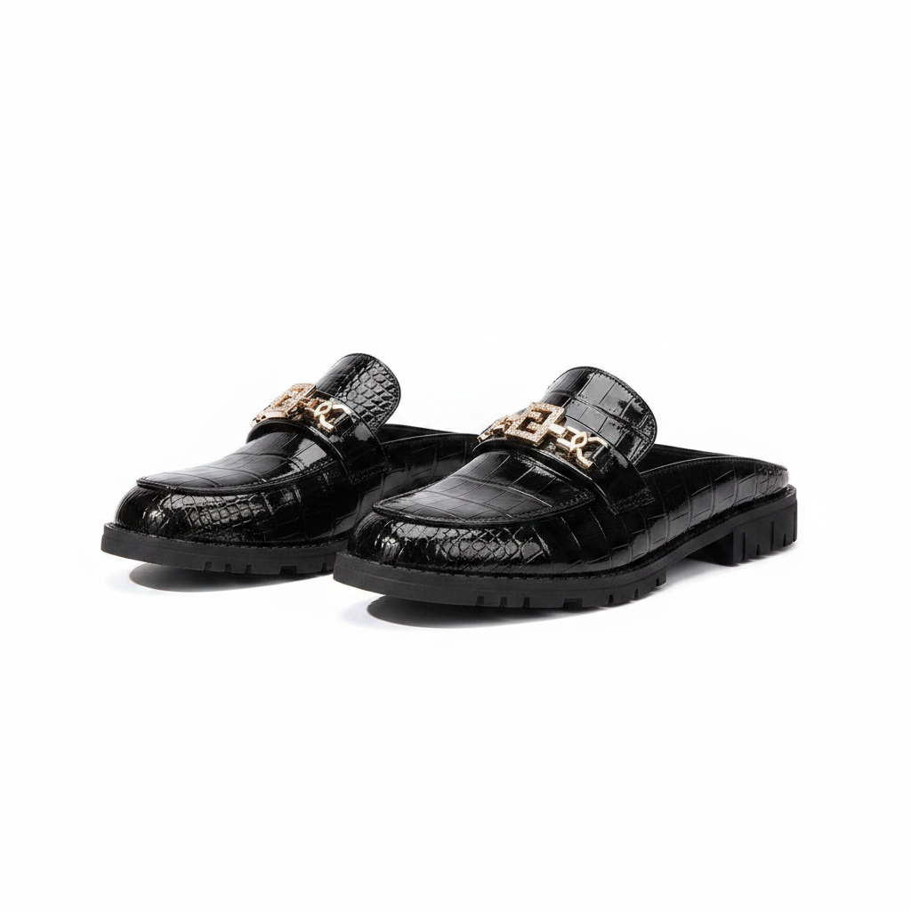 Women's black patent croc-texture chain mule slippers ghost mannequin view