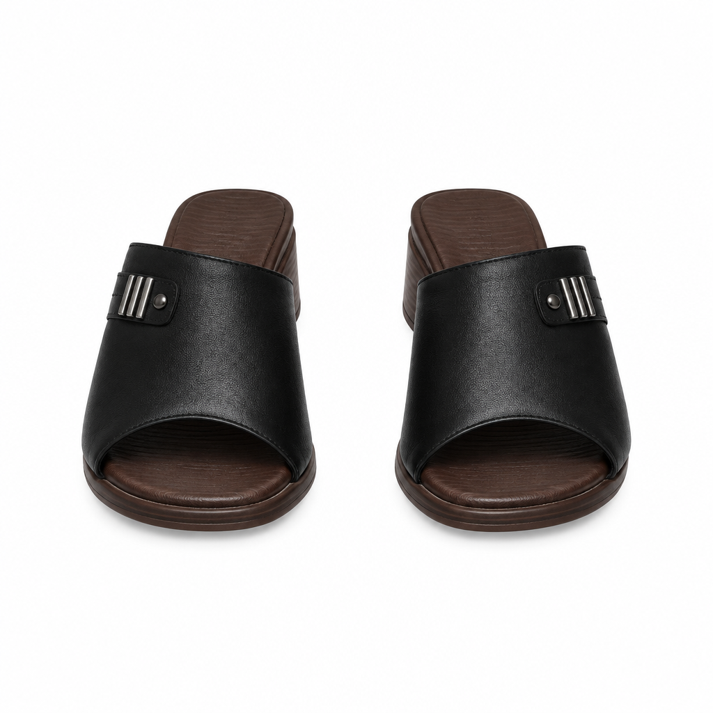 Black open-toe block heel slide sandals with three-bar silver-tone trim