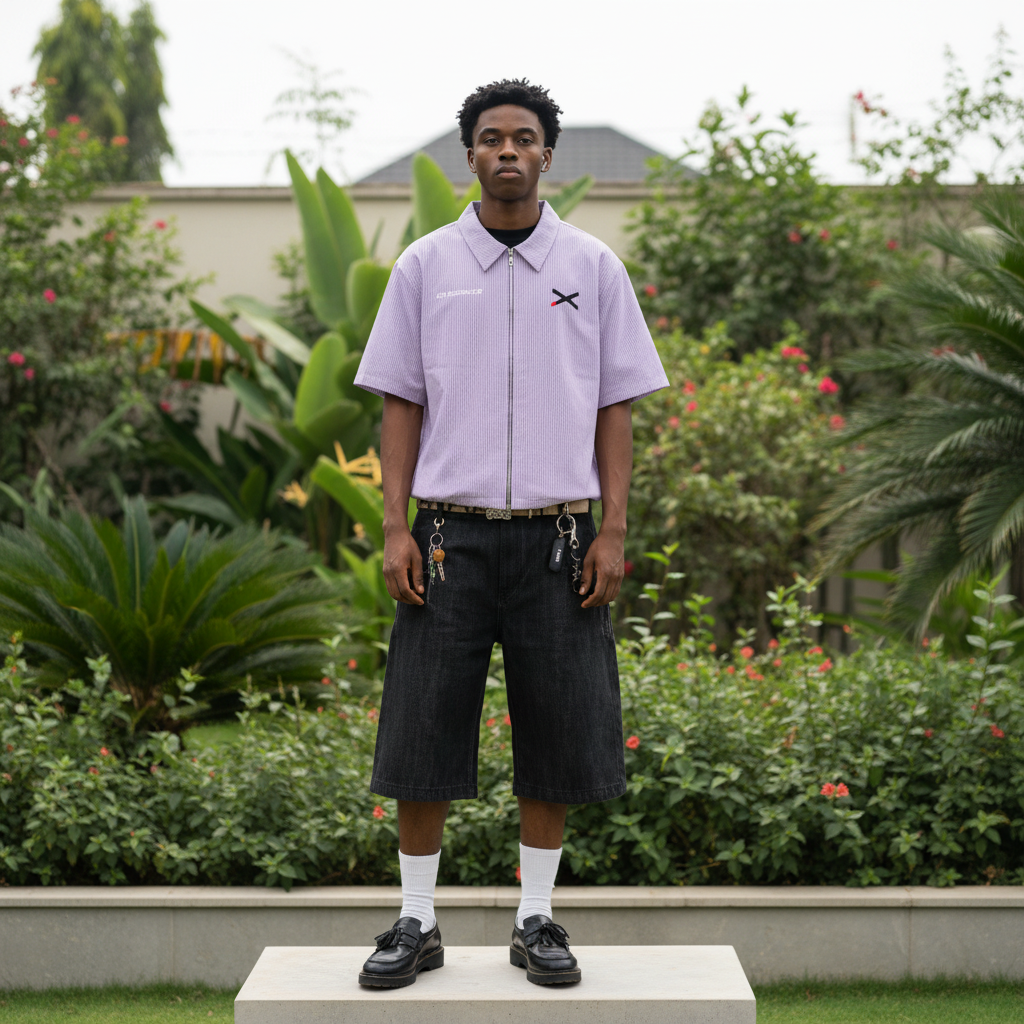 Nigerian male model wearing lavender pinstripe zip-up varsity shirt – full body lifestyle shot