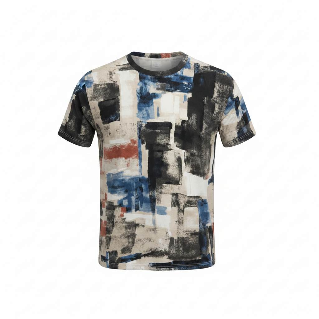 Men's white abstract brushstroke print shirt ghost mannequin front view