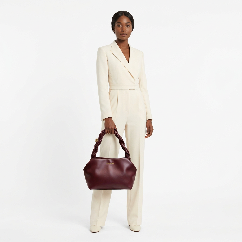 Woman in cream tailoring holding burgundy braided-handle handbag