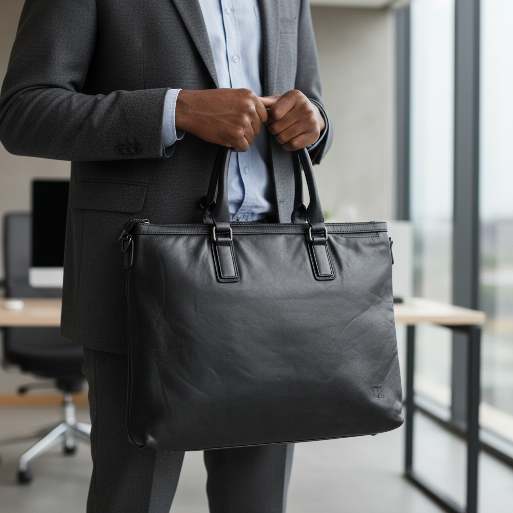 HR black smooth leather laptop tote carried by Black Nigerian professional in office