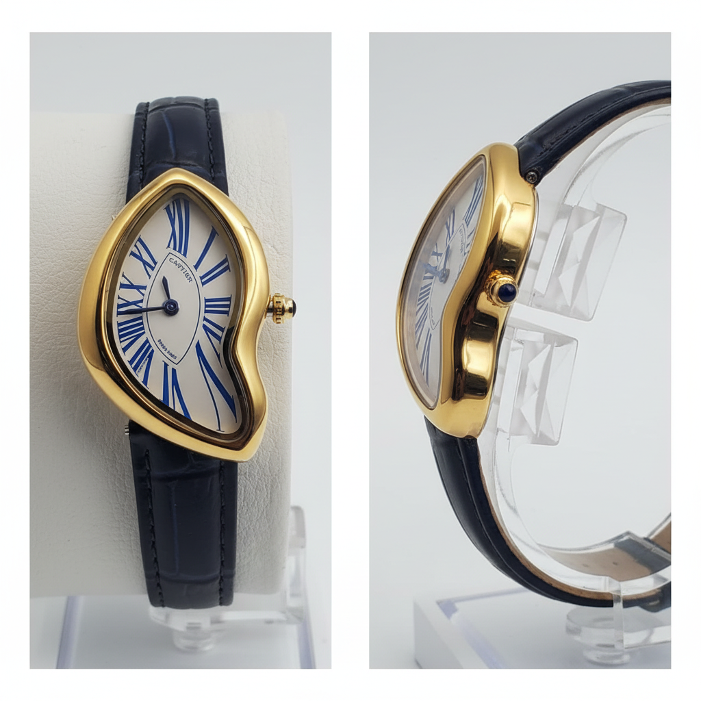 Asymmetric yellow gold watch with blue Roman numerals and navy strap front and side view