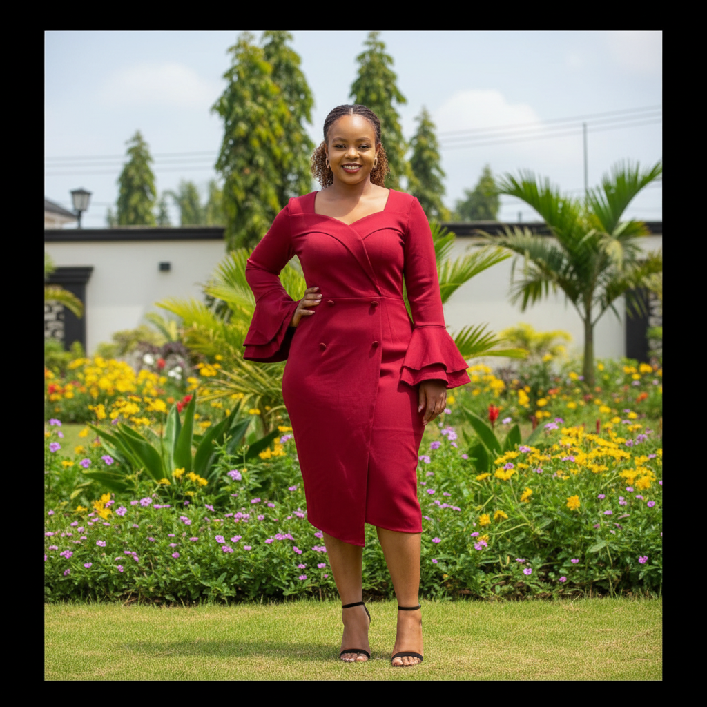 Women's Crimson Red Ruffle Bell-Sleeve Midi Dress – Nigerian Female Model