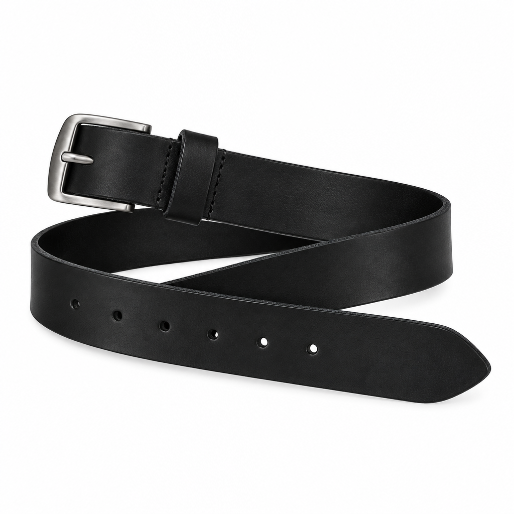 Black Genuine Leather Stitched Belt - Back View