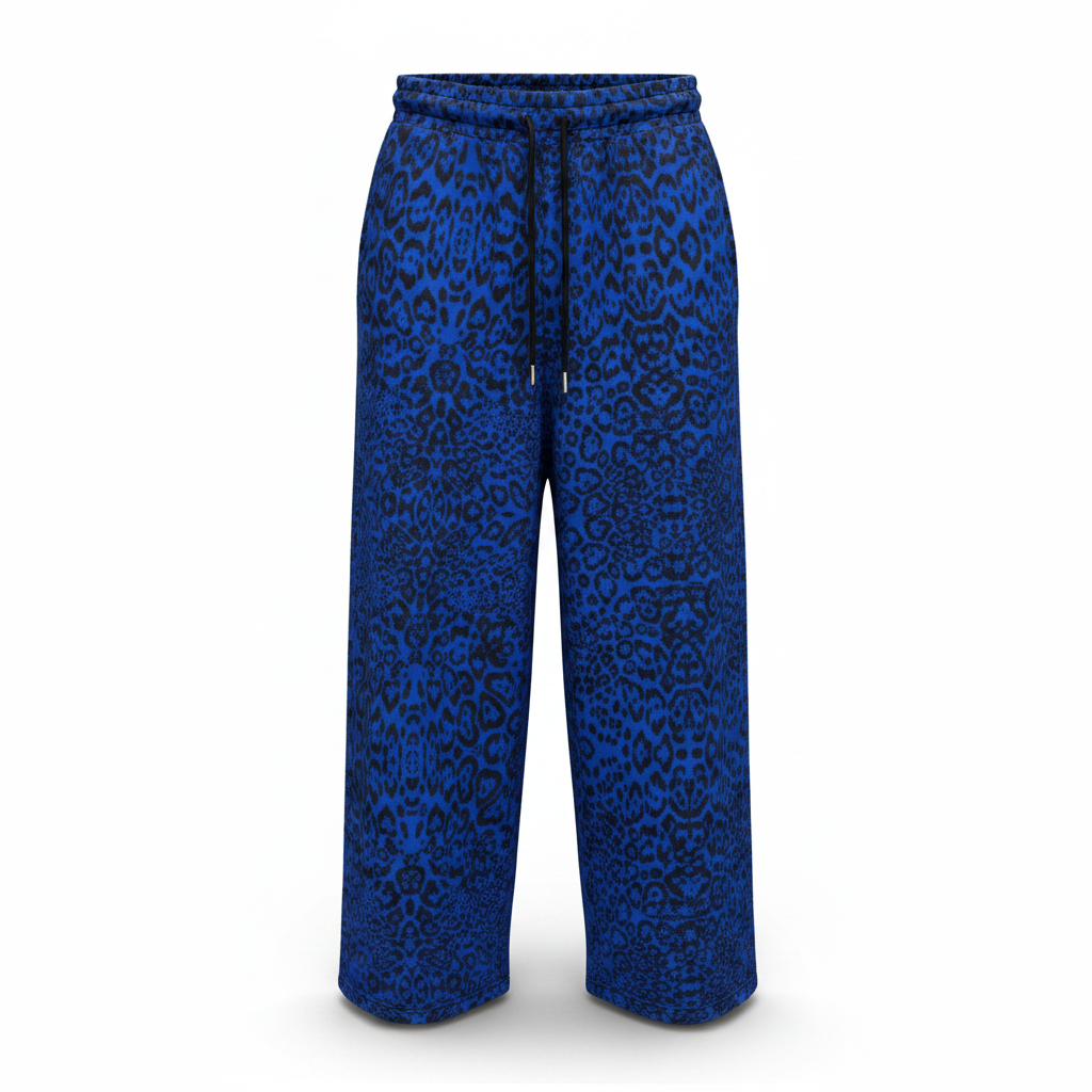Ghost mannequin view of blue leopard print baggy joggers