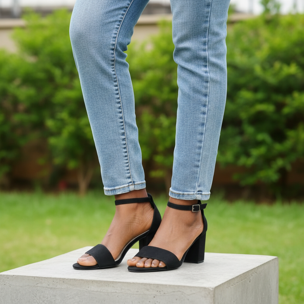 Nigerian female model wearing black suede two-strap block heel sandals