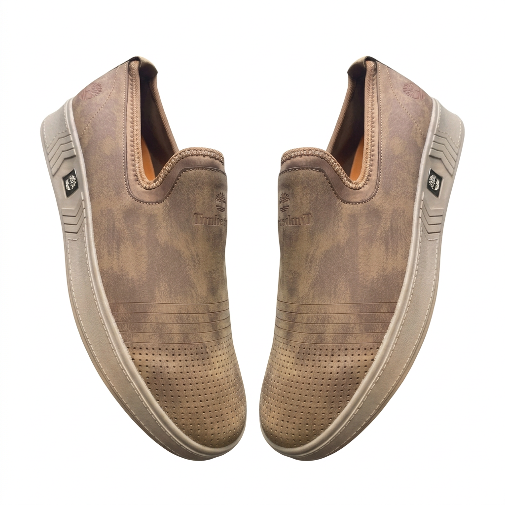 Pair of taupe perforated-toe slip-on shoes on white background