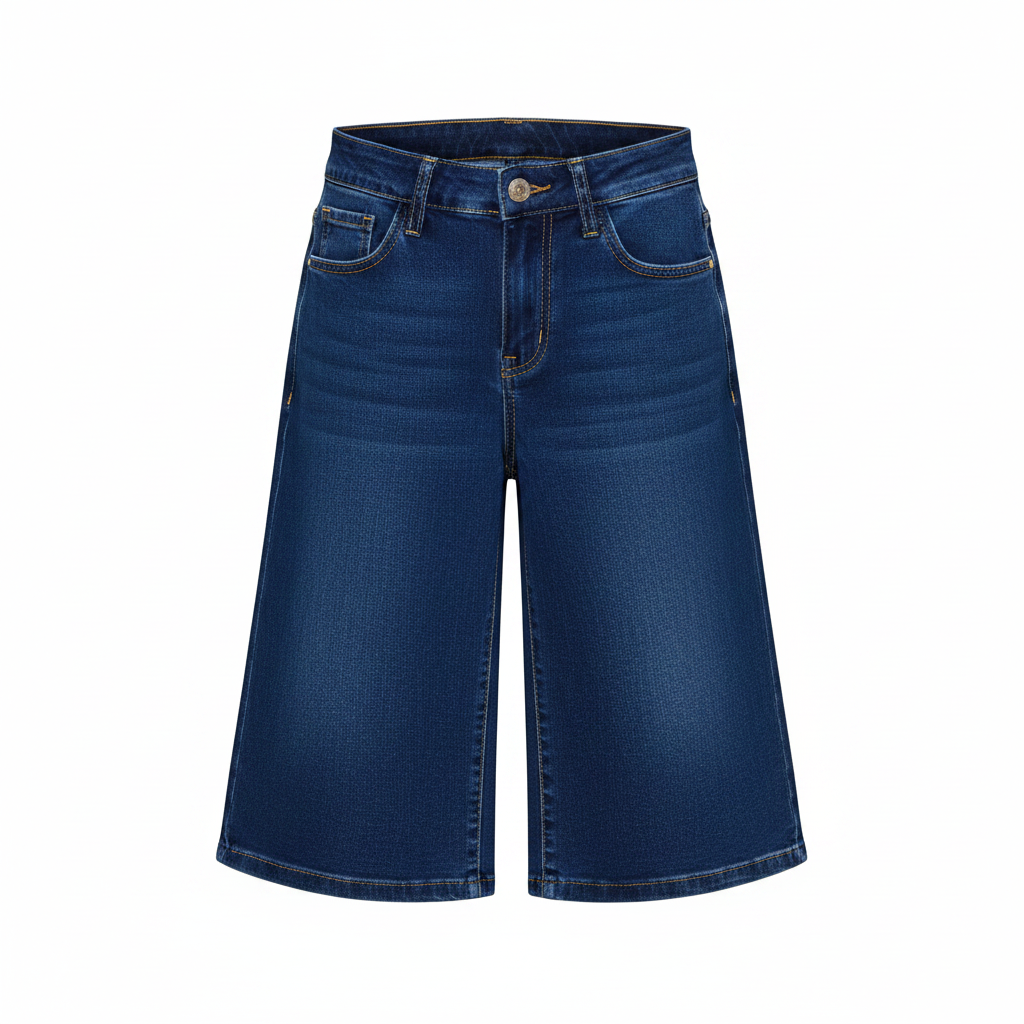 Girls' navy blue denim bermuda shorts — ghost mannequin view