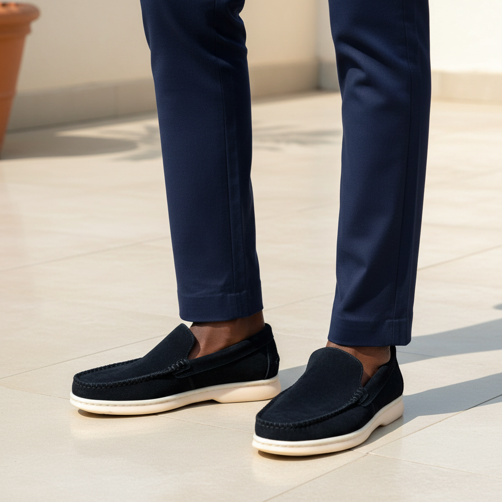 Nigerian male model wearing navy blue suede moccasin slip-on loafers with cream sole, tight zoomed-in quiet luxury leg focus lifestyle shot