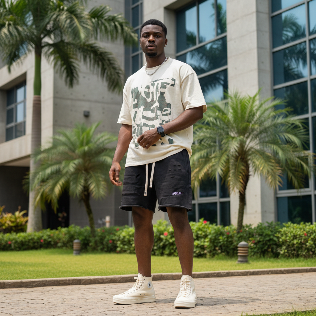 Nigerian male model wearing washed black distressed graphic sweat shorts — full body streetwear shot