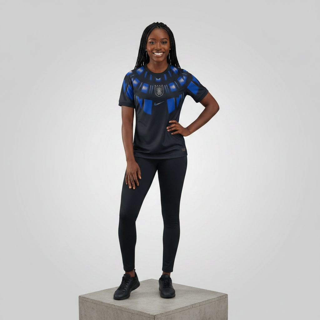 Nigerian female model wearing black blue feather graphic football jersey on concrete plinth