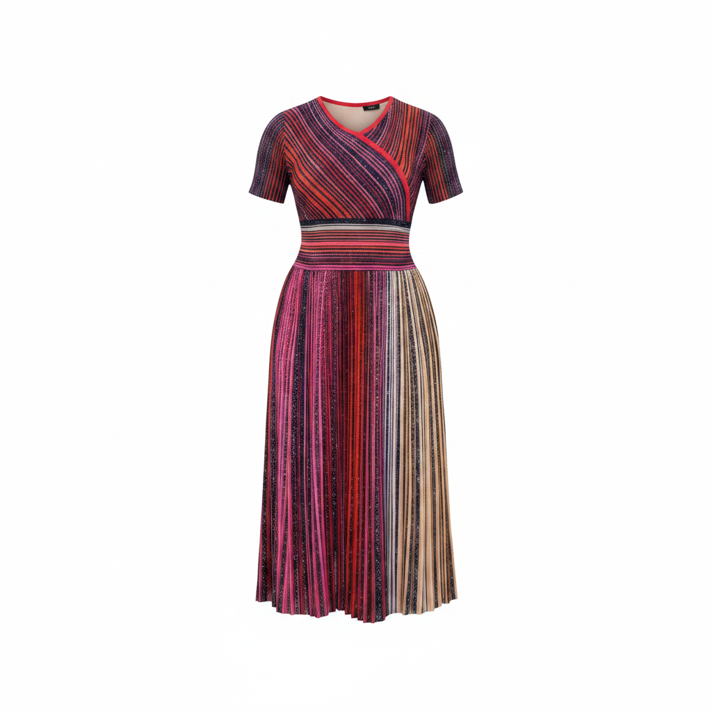 Women's Multicolour Stripe Wrap Bodice Pleated Midi Gown - Ghost Mannequin Front
