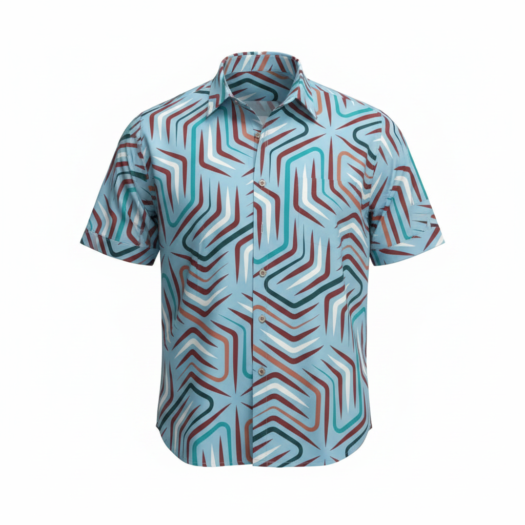 Ghost mannequin front view of sky blue geometric print short-sleeved shirt