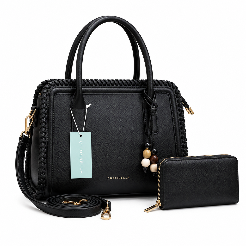 Black woven-edge handbag and matching zip purse on white background
