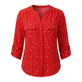 Red dash-print roll-tab sleeve blouse on an invisible mannequin