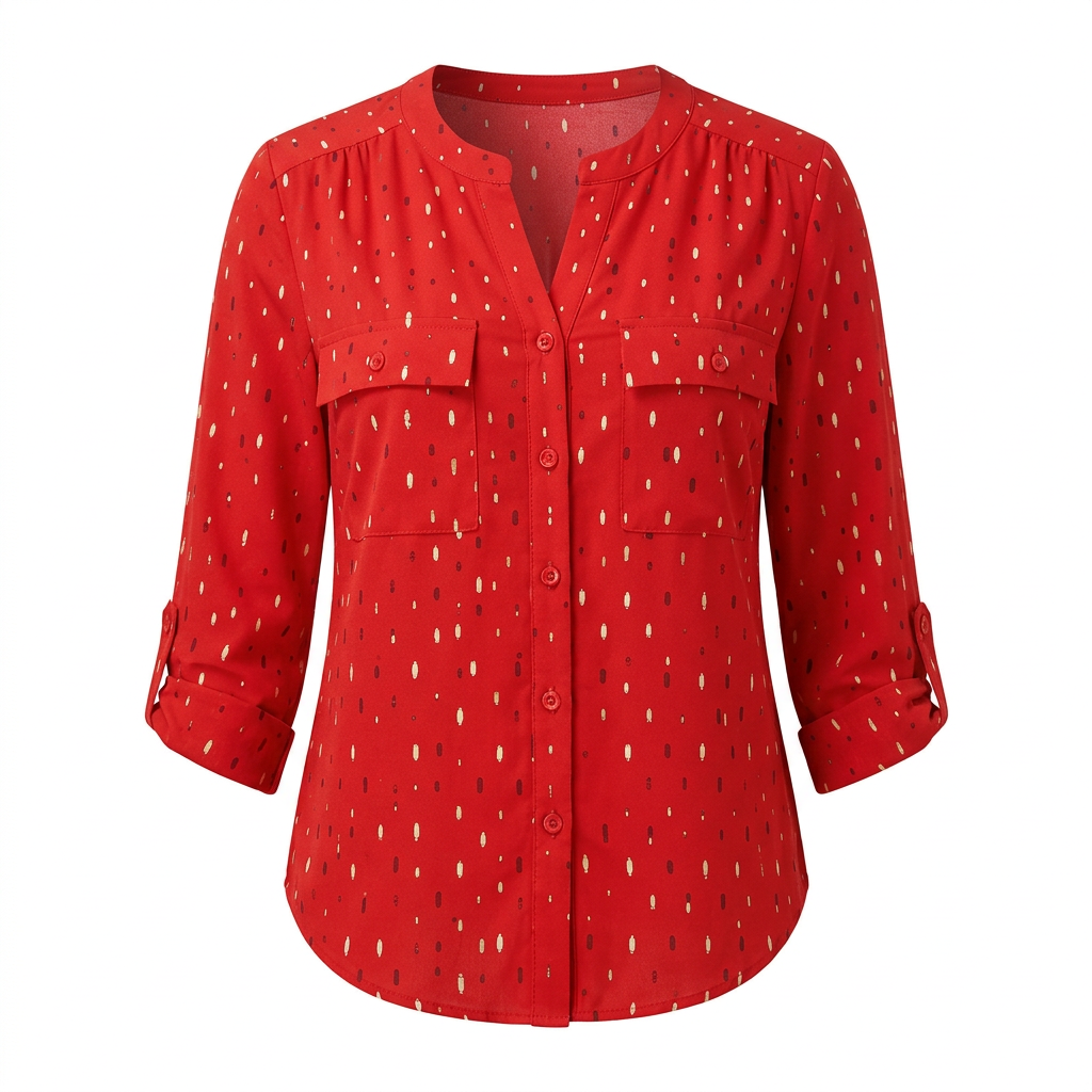 Red dash-print roll-tab sleeve blouse on an invisible mannequin