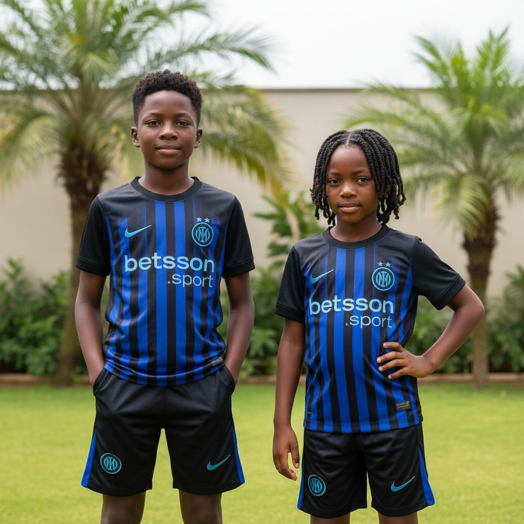 Nigerian boy and girl wearing black and royal blue stripe kids football jersey set