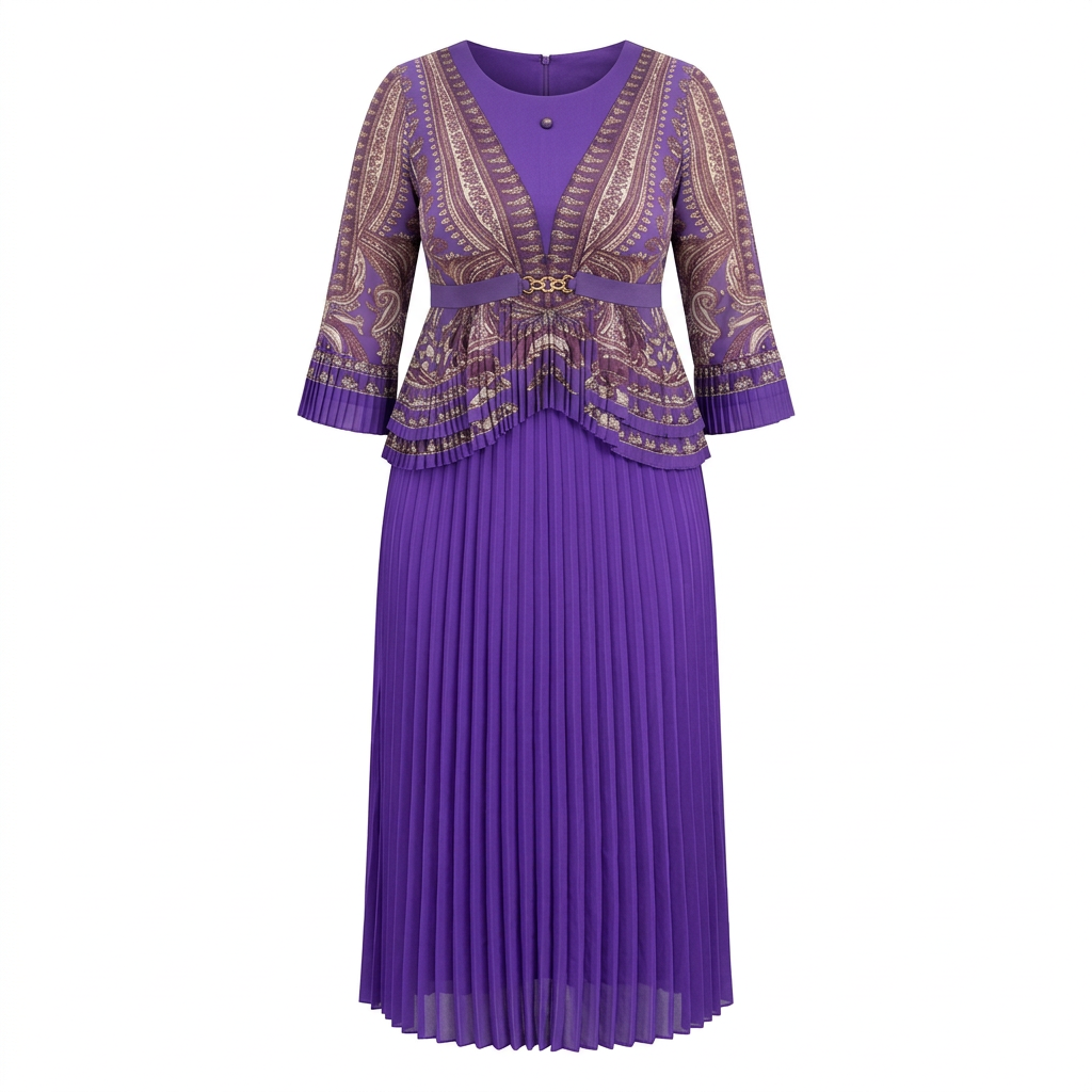 Purple patterned top and matching pleated maxi skirt on an invisible mannequin