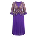 Purple patterned top and matching pleated maxi skirt on an invisible mannequin