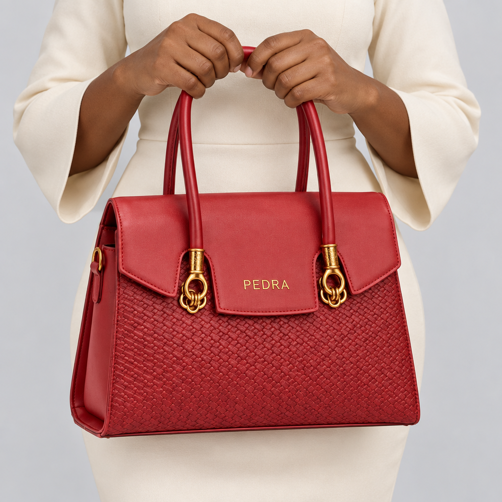 Red textured handbag held by a model wearing cream