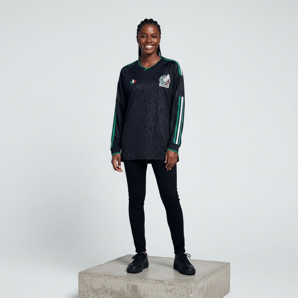 Nigerian female model wearing black graffiti graphic long sleeve football jersey on concrete plinth