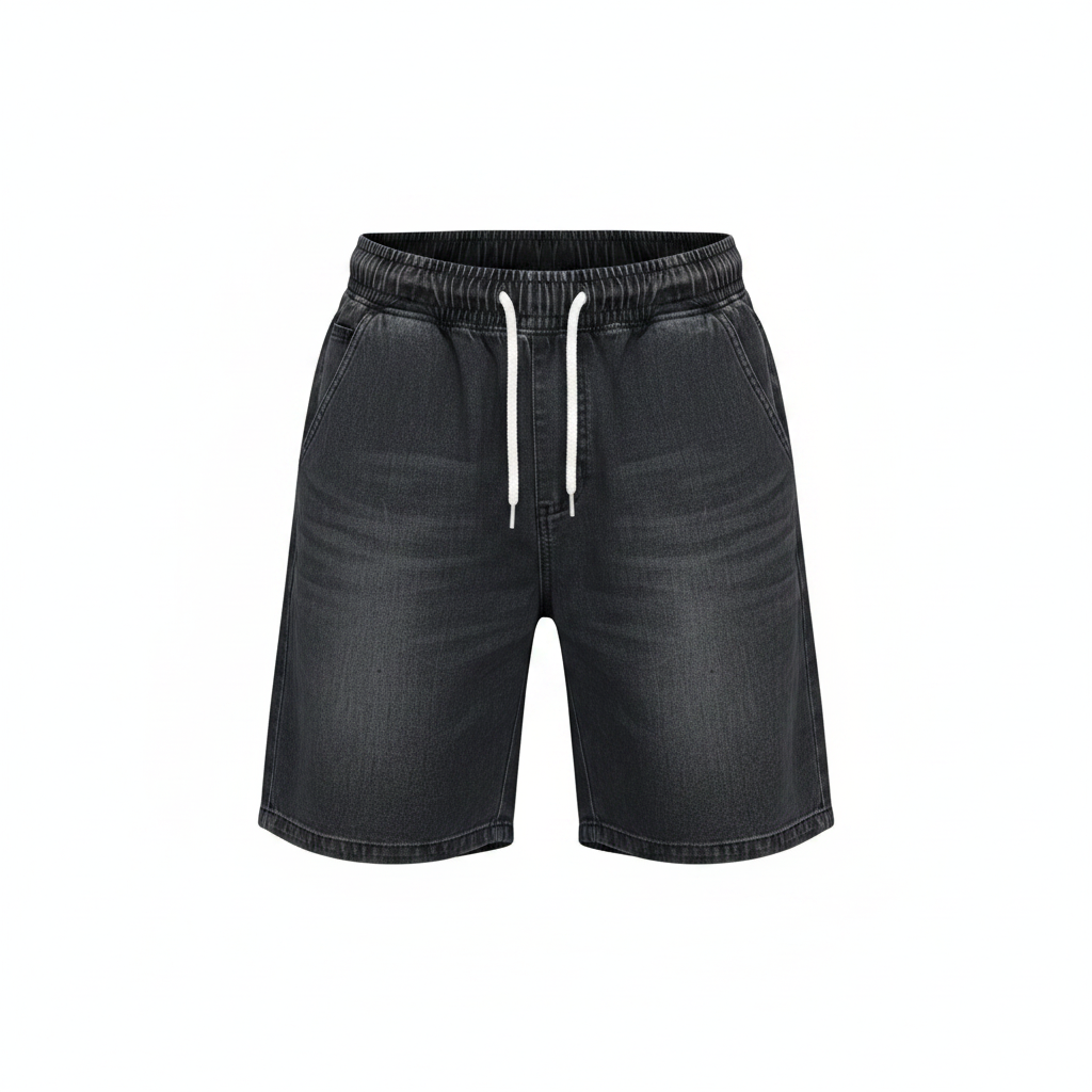 Dark wash denim drawstring shorts ghost mannequin view