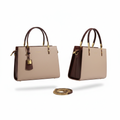 Beige and brown two-tone structured leather handbag ghost mannequin front and side view with detachable gold chain strap