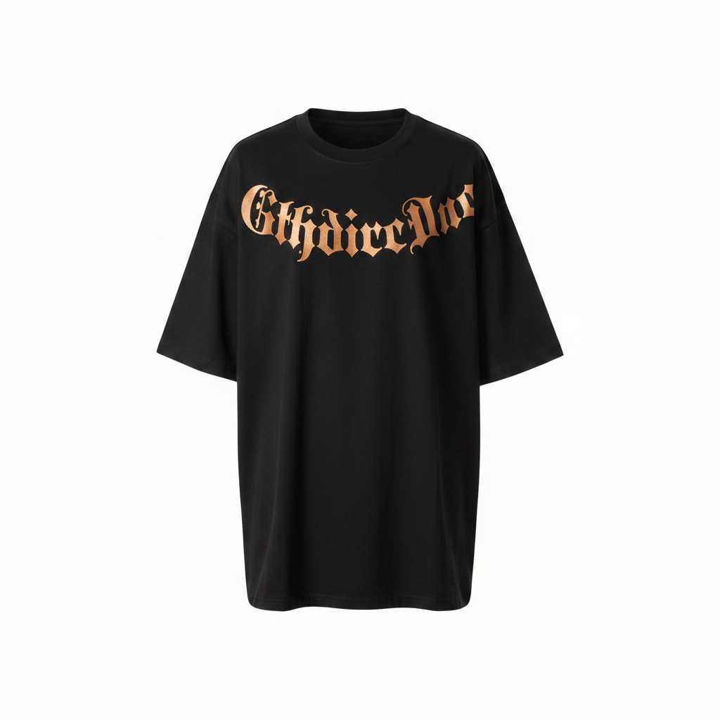 Unisex black copper gothic calligraphy arch graphic oversized tee – ghost mannequin front view