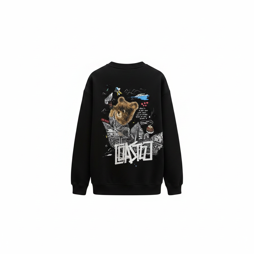 Unisex black sweatshirt with teddy bear collage and graffiti lettering back graphic – ghost mannequin back view