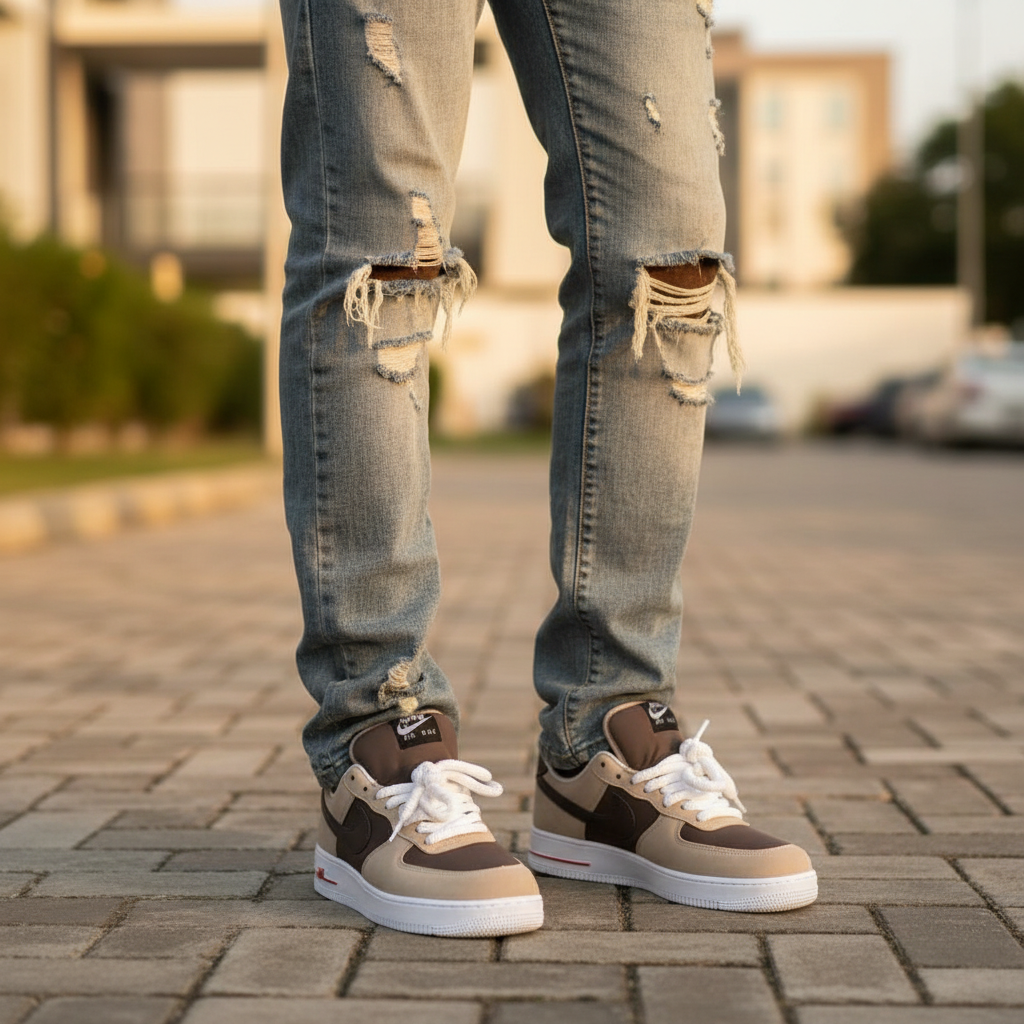 Nigerian male model wearing Nike Air Force 1 Low brown and beige sneakers, leg focus lifestyle shot