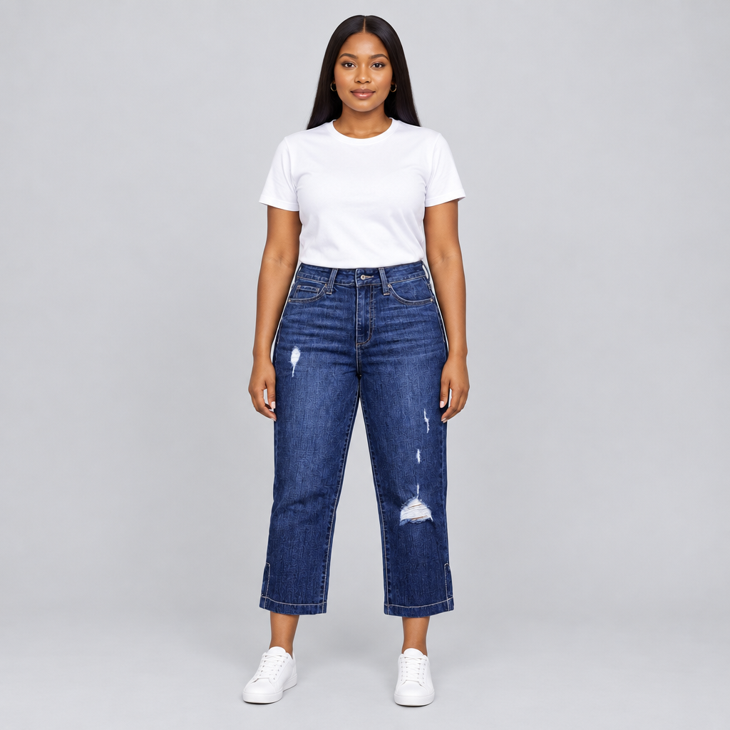 Black woman wearing dark blue distressed jeans, front view