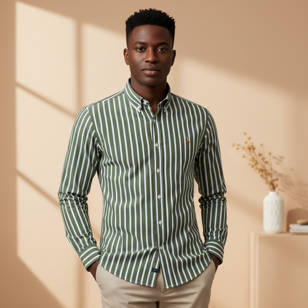 Nigerian model wearing Ralph Polo Olive Green White Stripe Shirt