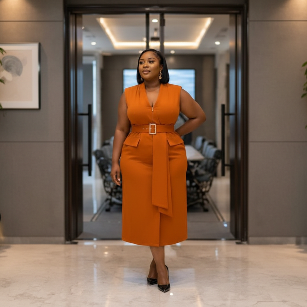 Nigerian woman wearing orange sleeveless belted midi dress in upscale setting