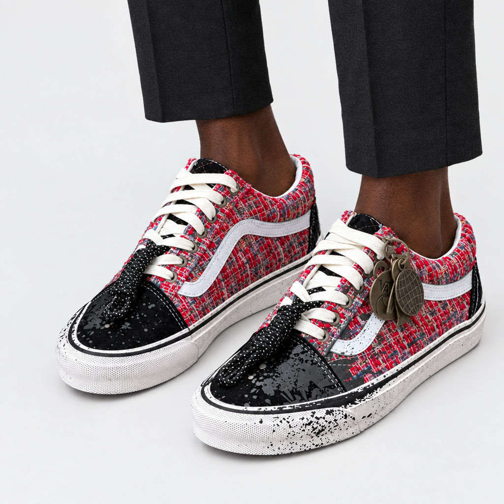 Adult wearing red woven splatter-detail sneakers