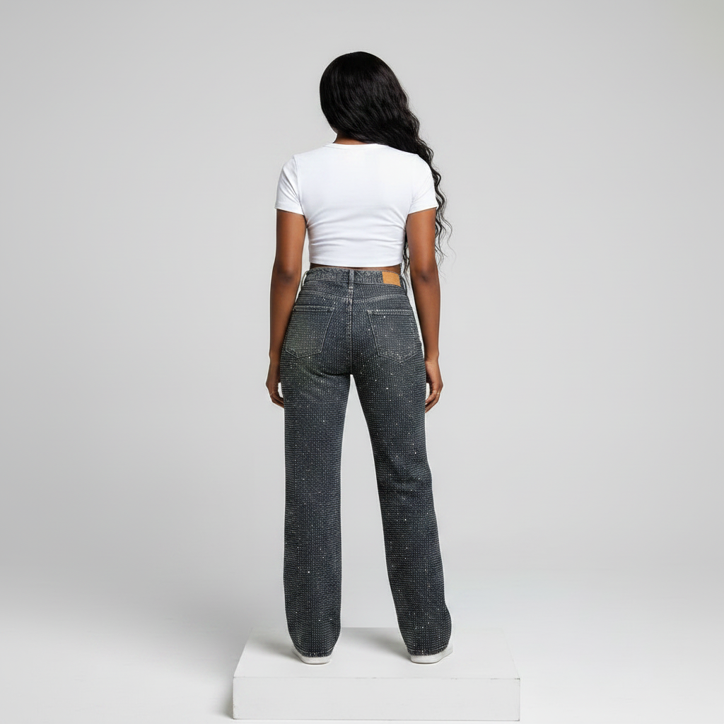 Dark Wash Rhinestone Ripped Wide-Leg Jeans – Model Back