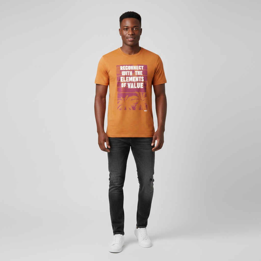 Young Nigerian male wearing burnt orange Reconnect Elements of Value graphic tee