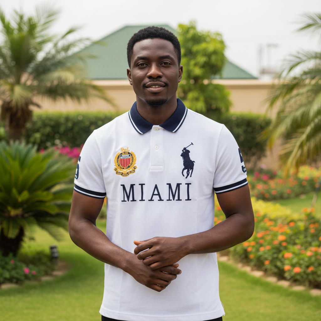 Nigerian male model wearing white graphic polo shirt with navy collar and city print in garden setting