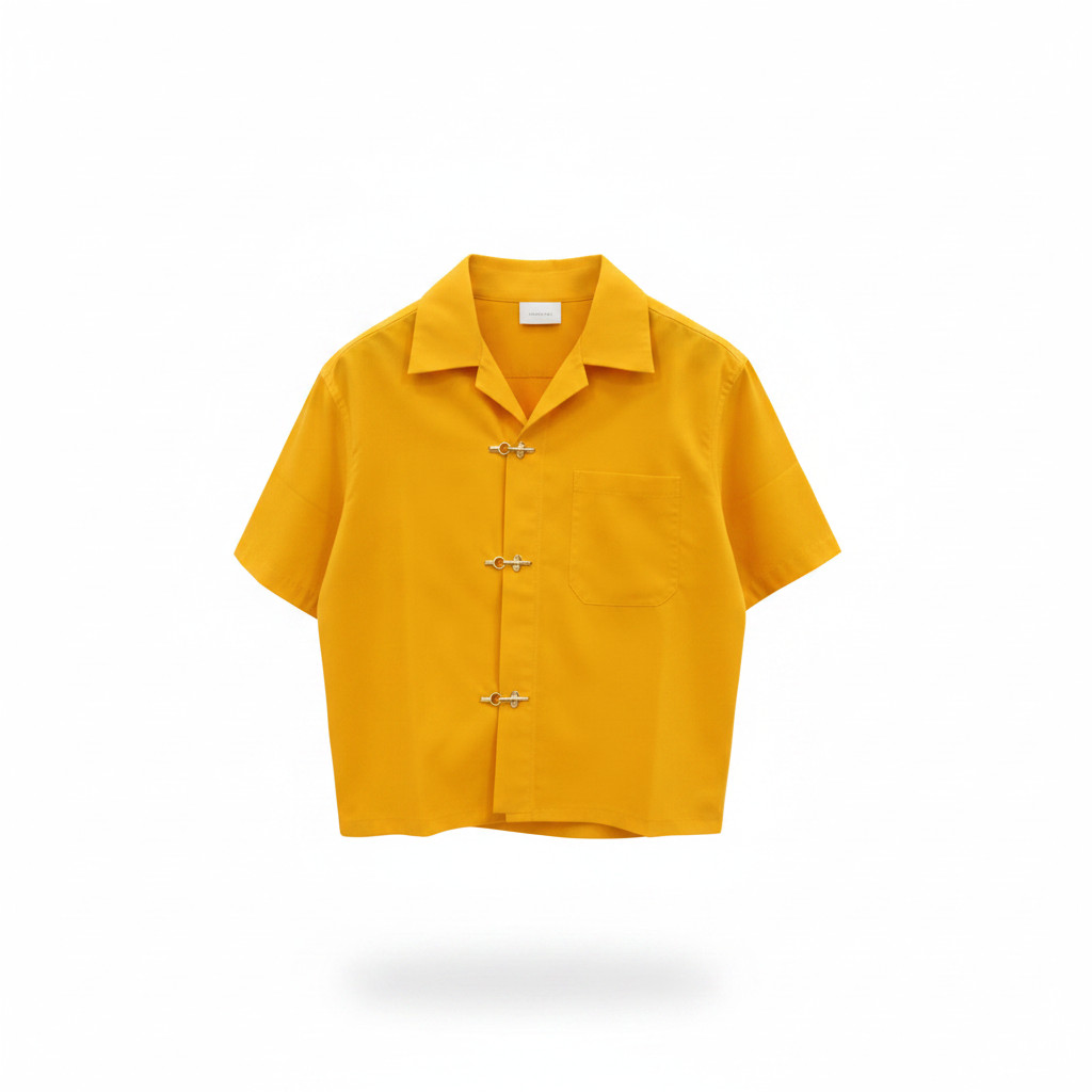 Men's yellow camp collar shirt with gold hook-clasp fasteners – ghost mannequin front view