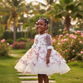 Young Nigerian girl wearing cherry blossom tiered tulle long sleeve party dress