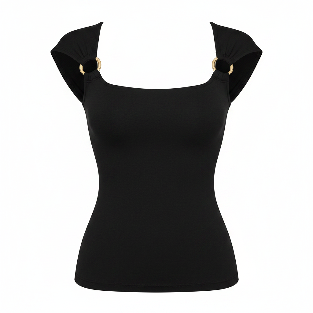 Women's Square-Neck Cap-Sleeve Top with Gold Ring Detail - Ghost Mannequin