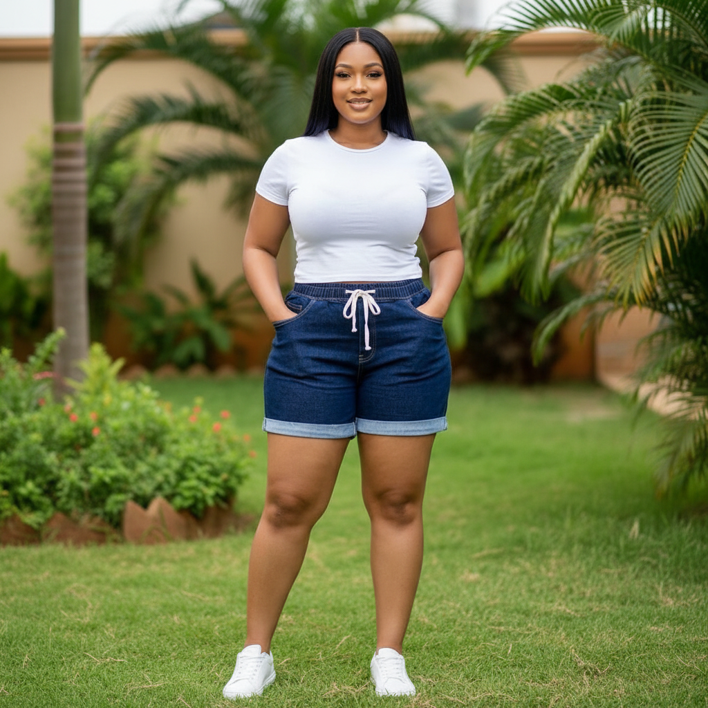 Nigerian female model wearing navy blue drawstring cuffed denim shorts - front view